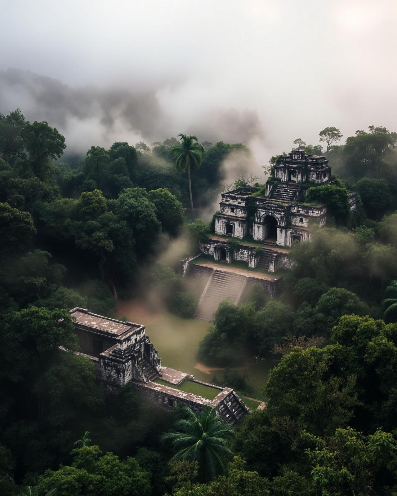 Ruínas de Palenque na neblina